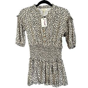 NWT Jessica Simpson Smocked Leopard Print Button Front Dress Black Tan